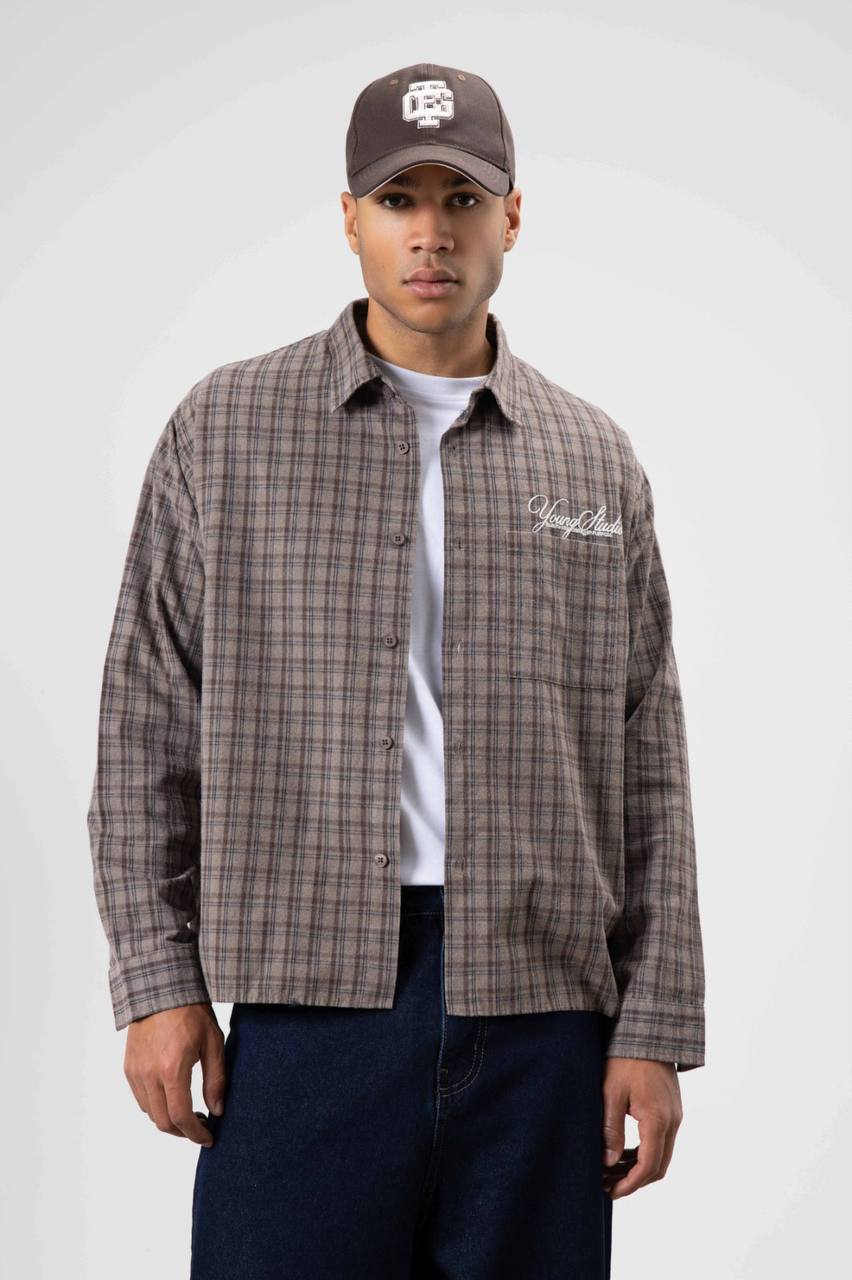 Vamos Check Embroidery Detail Overshirt in Mink Brown
