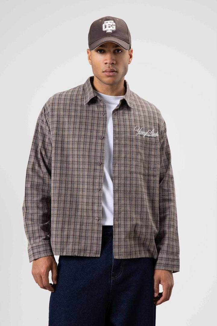 Vamos Check Embroidery Detail Overshirt in Mink Brown