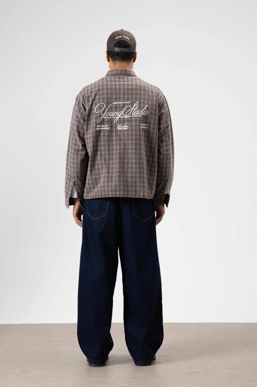 Vamos Check Embroidery Detail Overshirt in Mink Brown