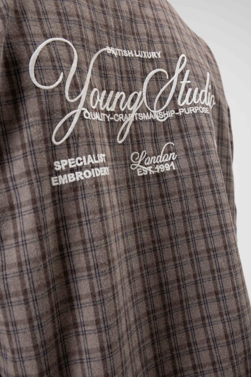 Vamos Check Embroidery Detail Overshirt in Mink Brown