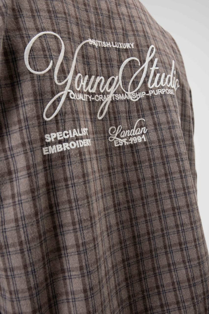 Vamos Check Embroidery Detail Overshirt in Mink Brown