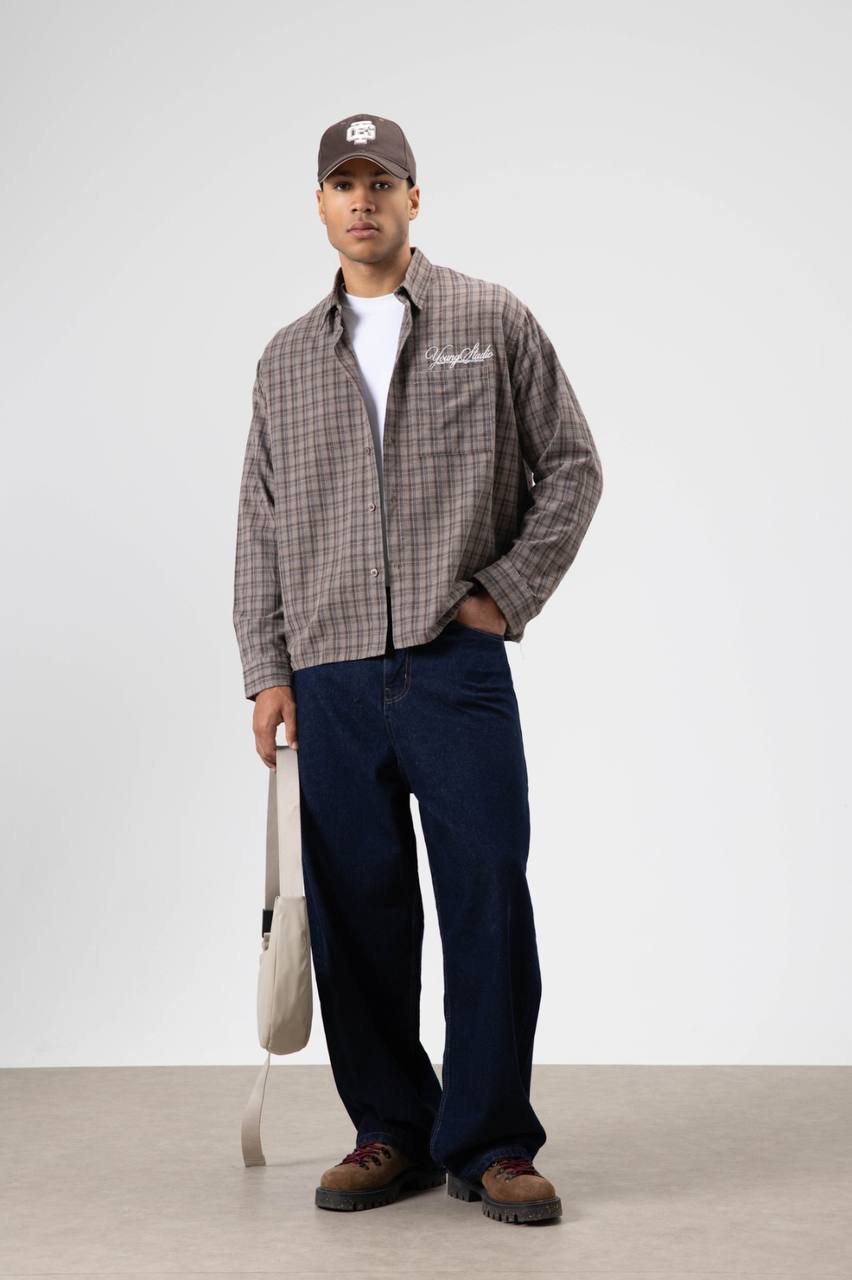 Vamos Check Embroidery Detail Overshirt in Mink Brown