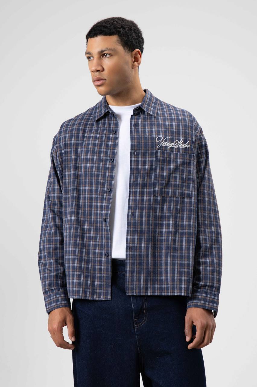 Vamos Check Embroidery Detail Overshirt in Blue/Brown