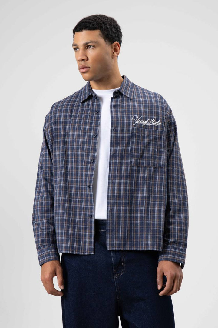 Vamos Check Embroidery Detail Overshirt in Blue/Brown