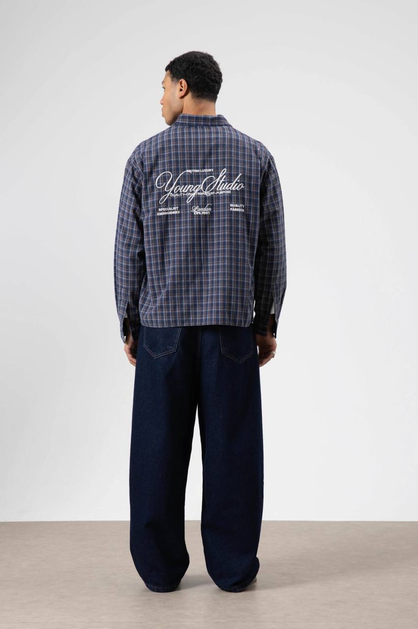 Vamos Check Embroidery Detail Overshirt in Blue/Brown