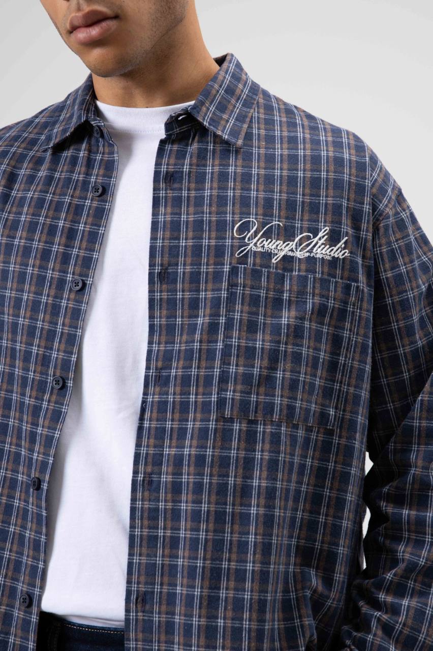 Vamos Check Embroidery Detail Overshirt in Blue/Brown