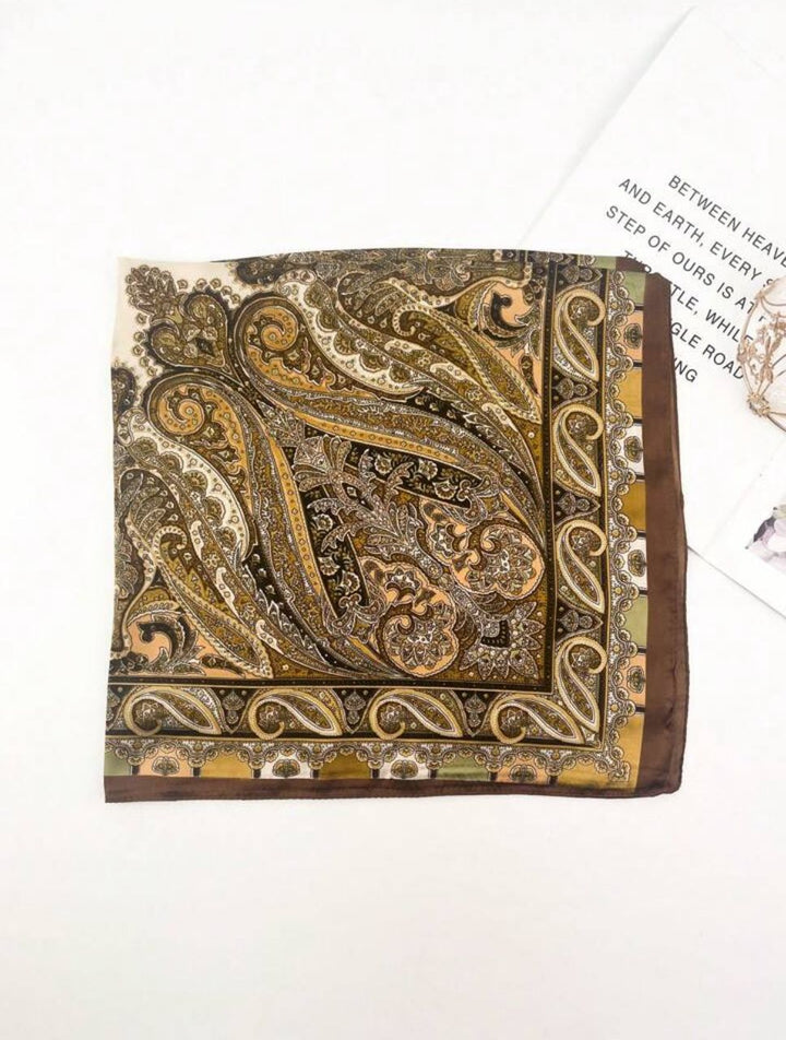 Soft Square Paisley Print Silk Scarf in Brown