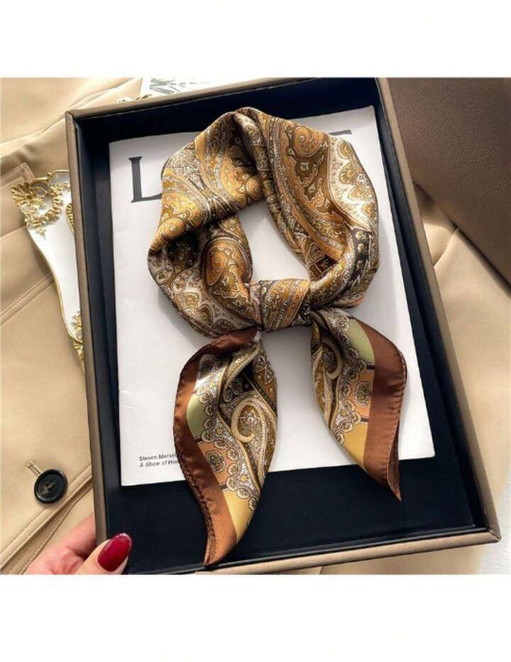 Soft Square Paisley Print Silk Scarf in Brown