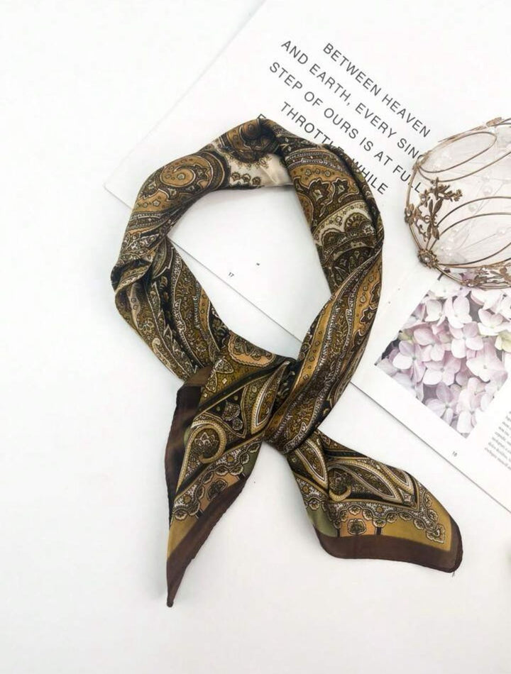 Soft Square Paisley Print Silk Scarf in Brown