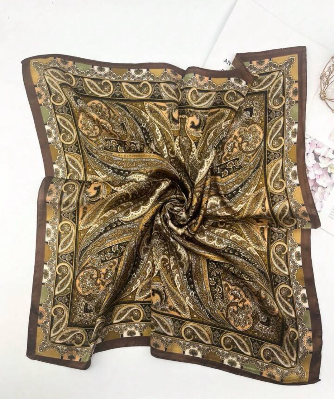 Soft Square Paisley Print Silk Scarf in Brown