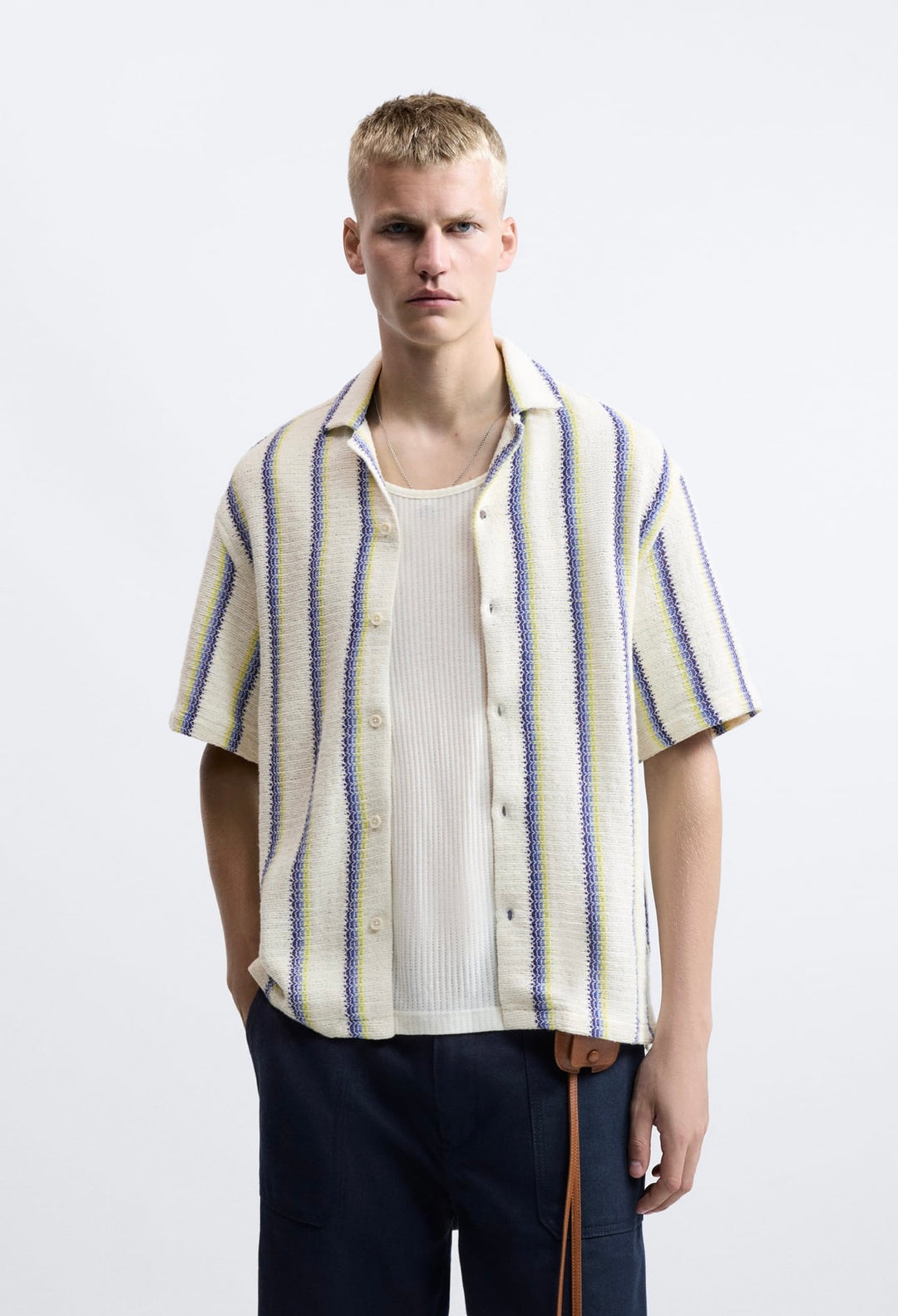 ZARA STRIPED CROCHET SHIRT ECRU/BLUE