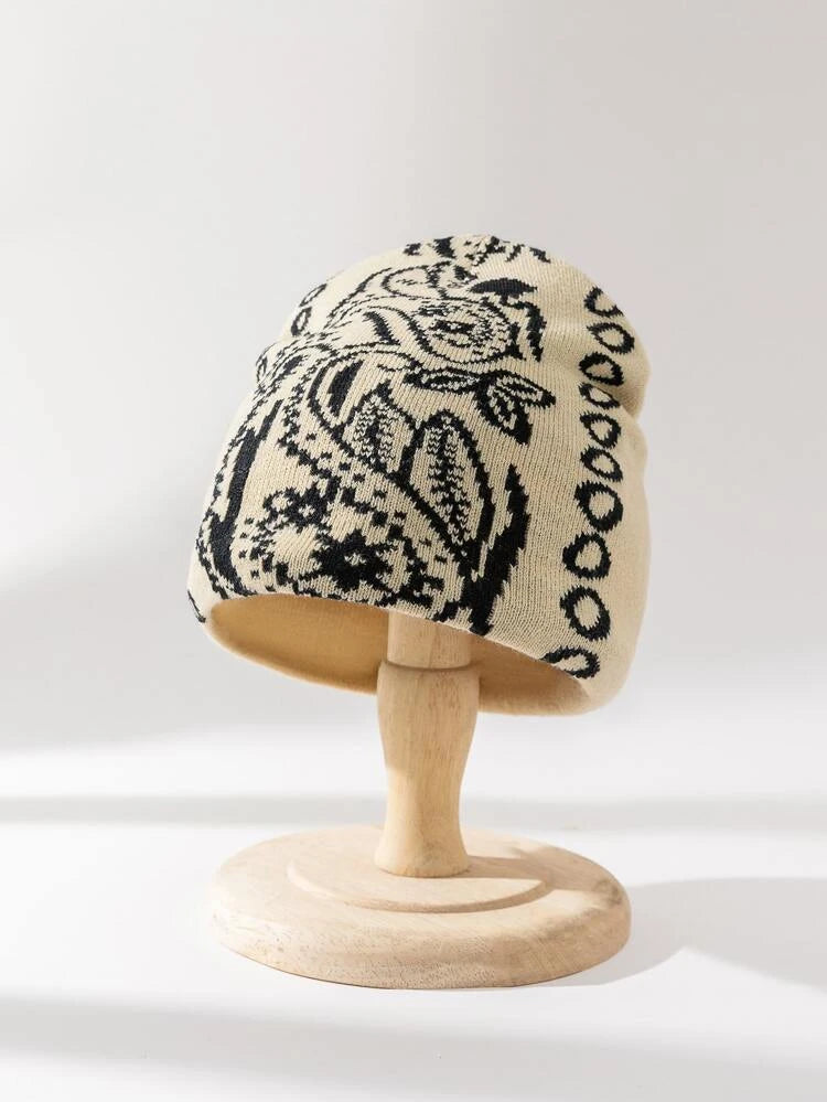 Paisley Patterened Beanie in Beige