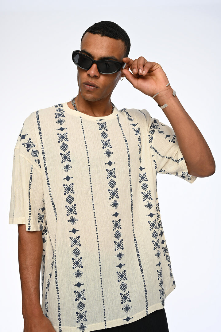 Vamos Indigo Patterned Oversized Linen T-shirt