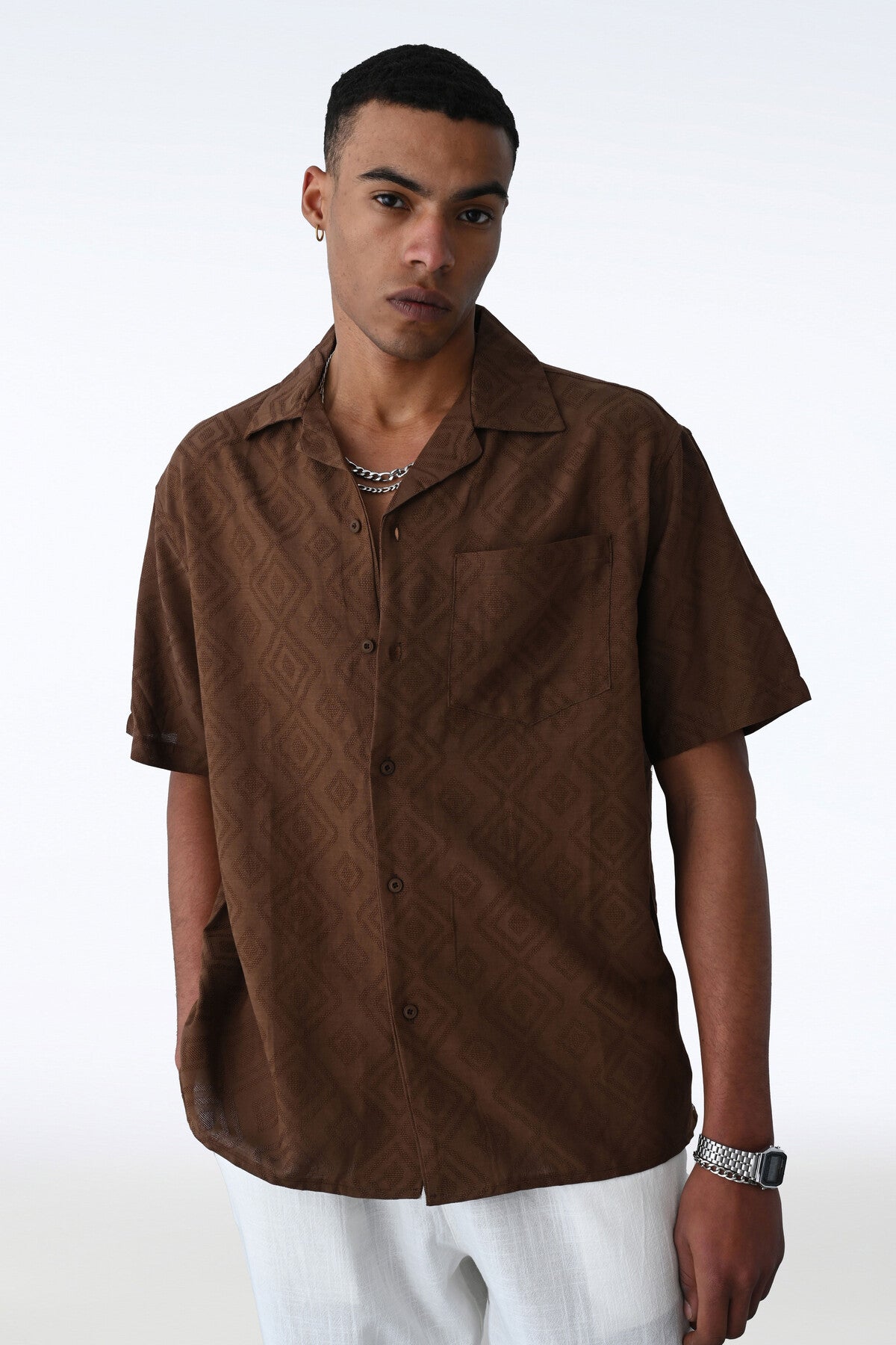 Vamos Oversized Brown Short Sleeve Linen Oversize Shirt
