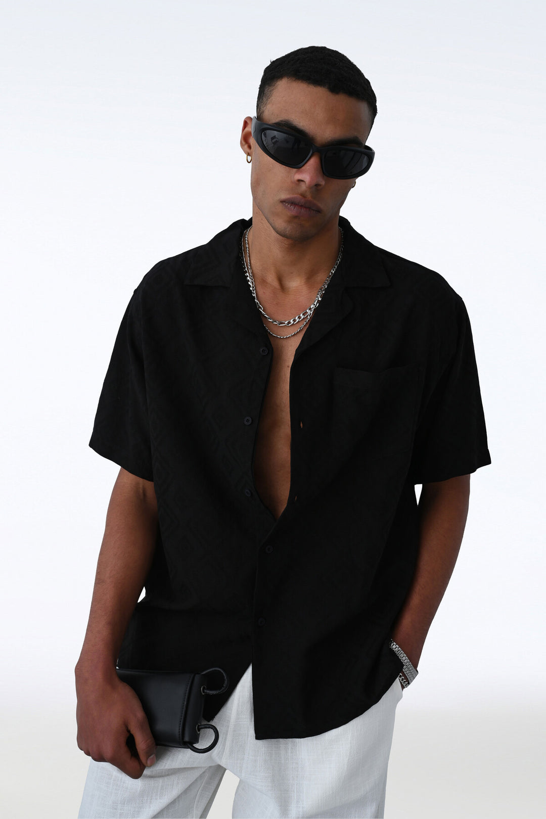 Vamos Oversized Black Short Sleeve Linen Oversize Shirt
