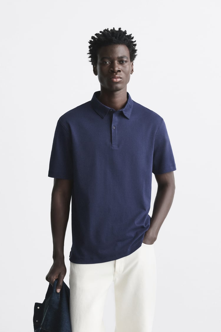 ZARA POLO SHIRT WITH MERCERISED FINISH NAVY BLUE