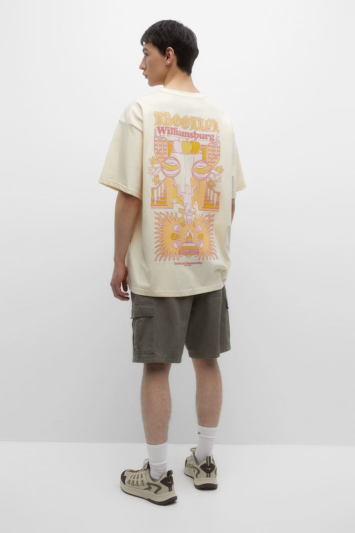 Pull&Bear backprint short sleeve t-shirt in beige