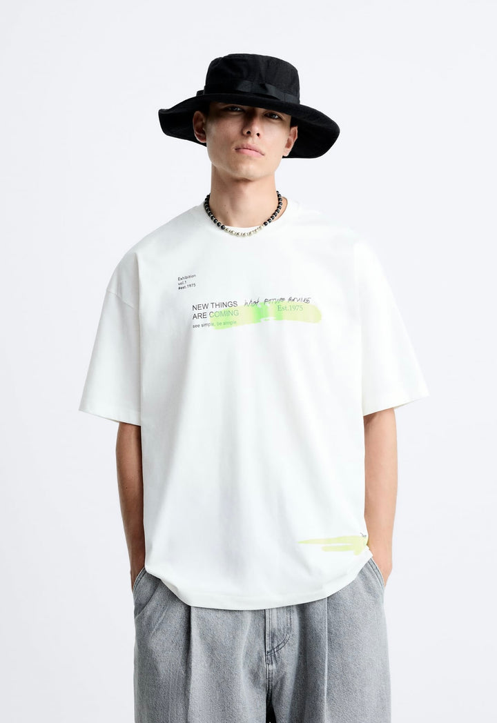 ZARA SLOGAN PRINT T-SHIRT OYSTER WHITE