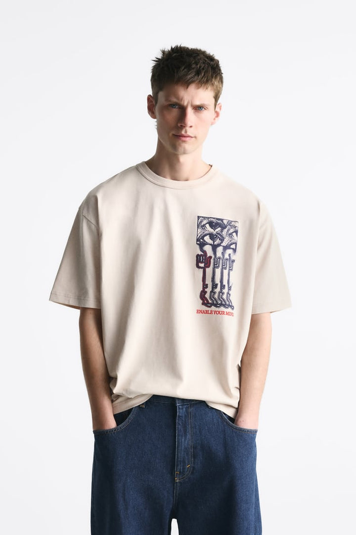 ZARA T-SHIRT WITH CONTRAST PRINT ECRU