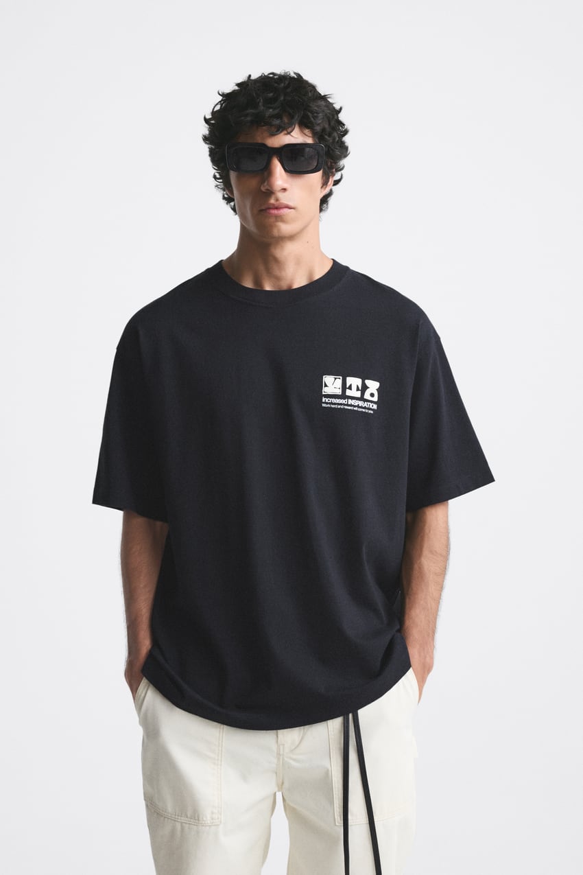 ZARA SLOGAN PRINT T-SHIRT IN BLACK