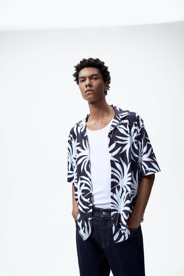 ZARA PALM TREE PRINT STRETCH SHIRT