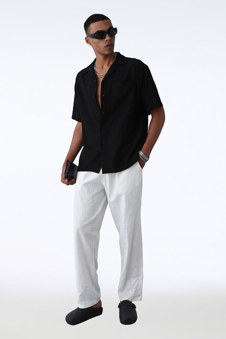 Vamos Oversized Black Short Sleeve Linen Oversize Shirt