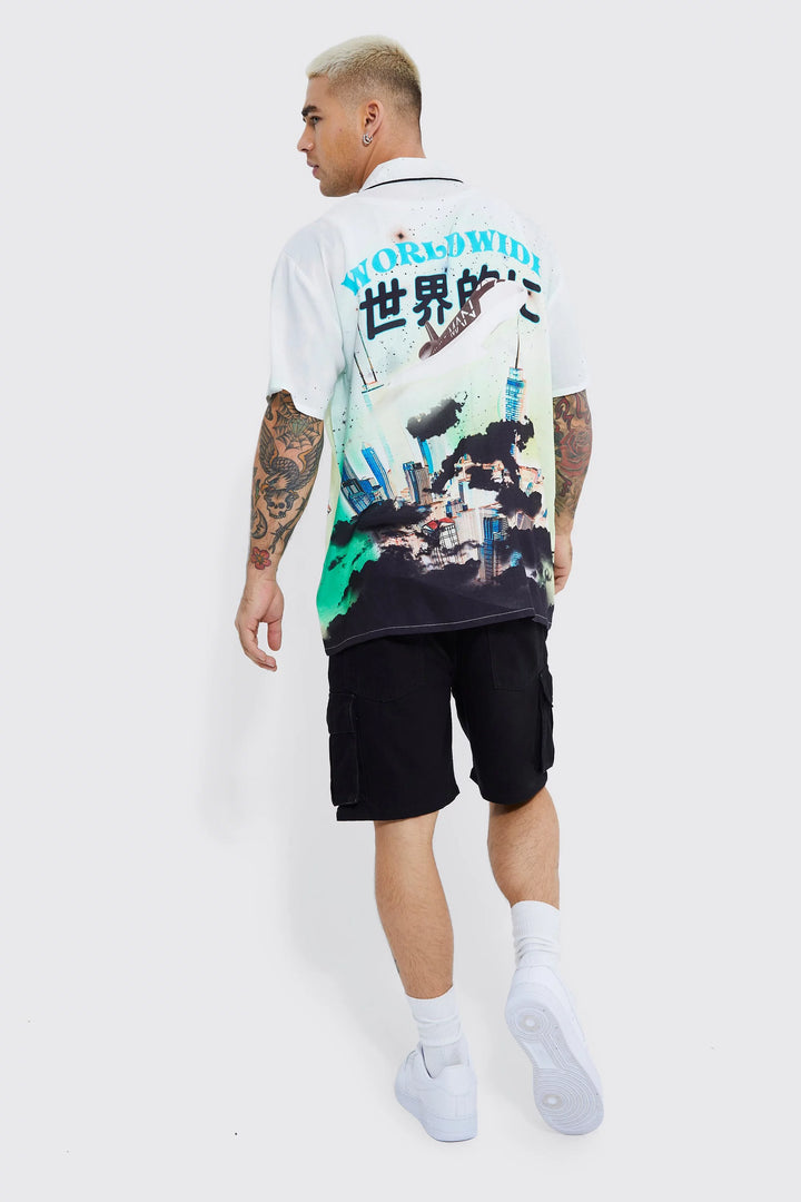 BOOHOOMAN OVERSIZED WORLDWIDE SHIRT ECRU