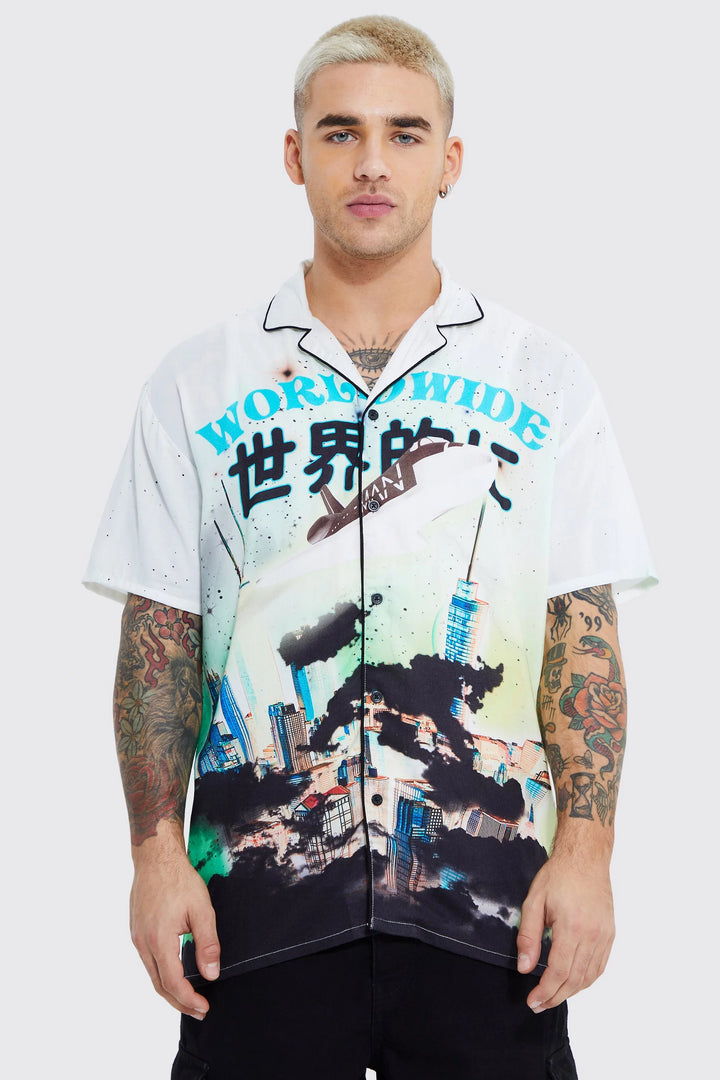 BOOHOOMAN OVERSIZED WORLDWIDE SHIRT ECRU