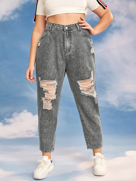 High Waist Ripped Mom Cropped Jeans
