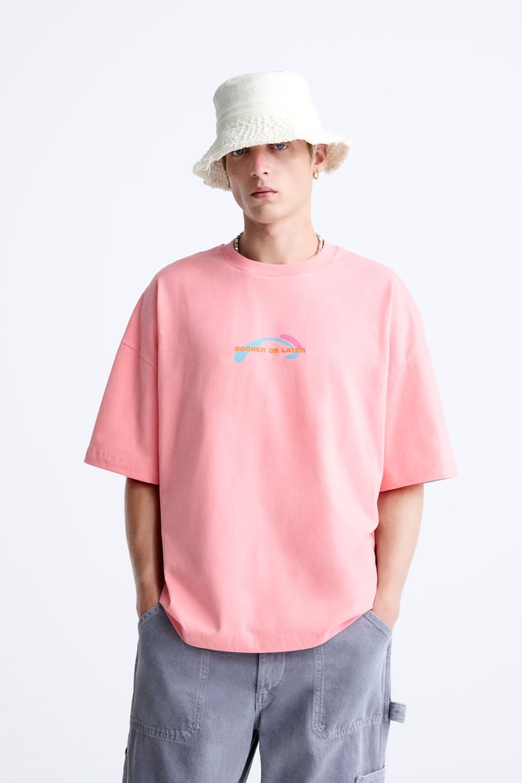 ZARA T-SHIRT WITH CONTRAST SLOGAN PINK