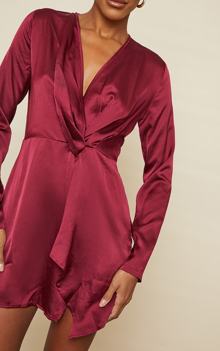 PLT Burgundy Satin Long Sleeve Wrap Dress