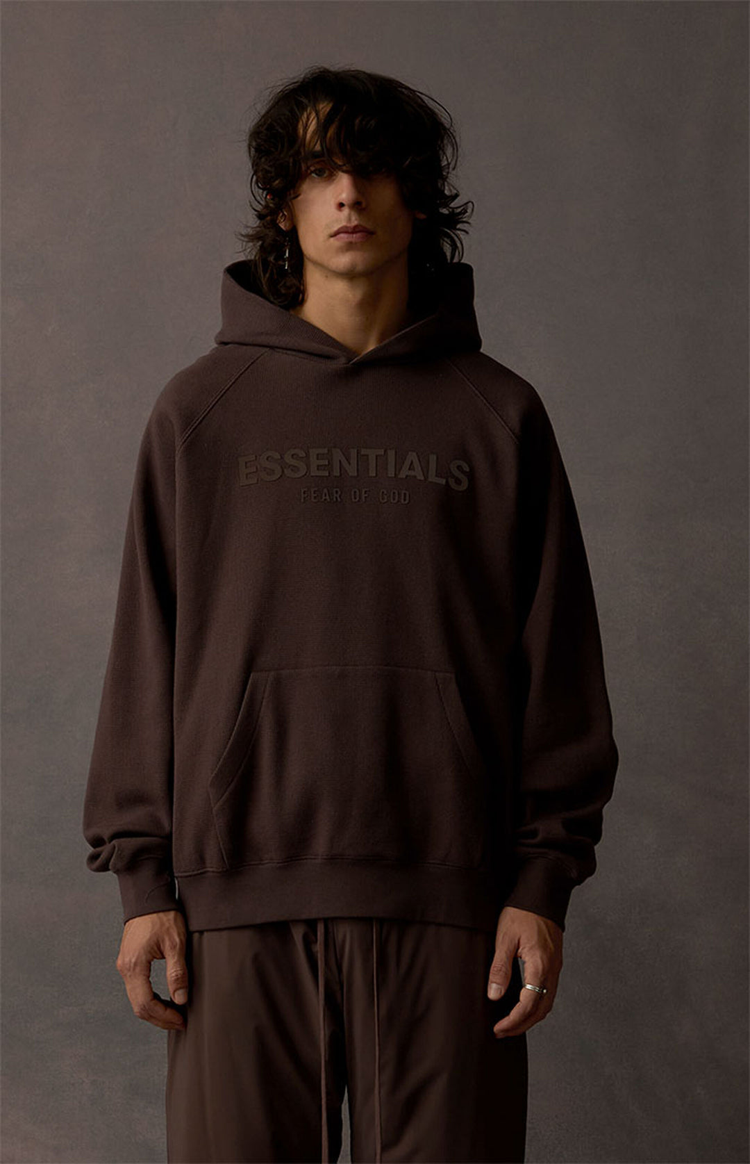 FEAR OF GOD ESSENTIALS WAFFLE RAGLAN HOODIE IN CHOCOLATE