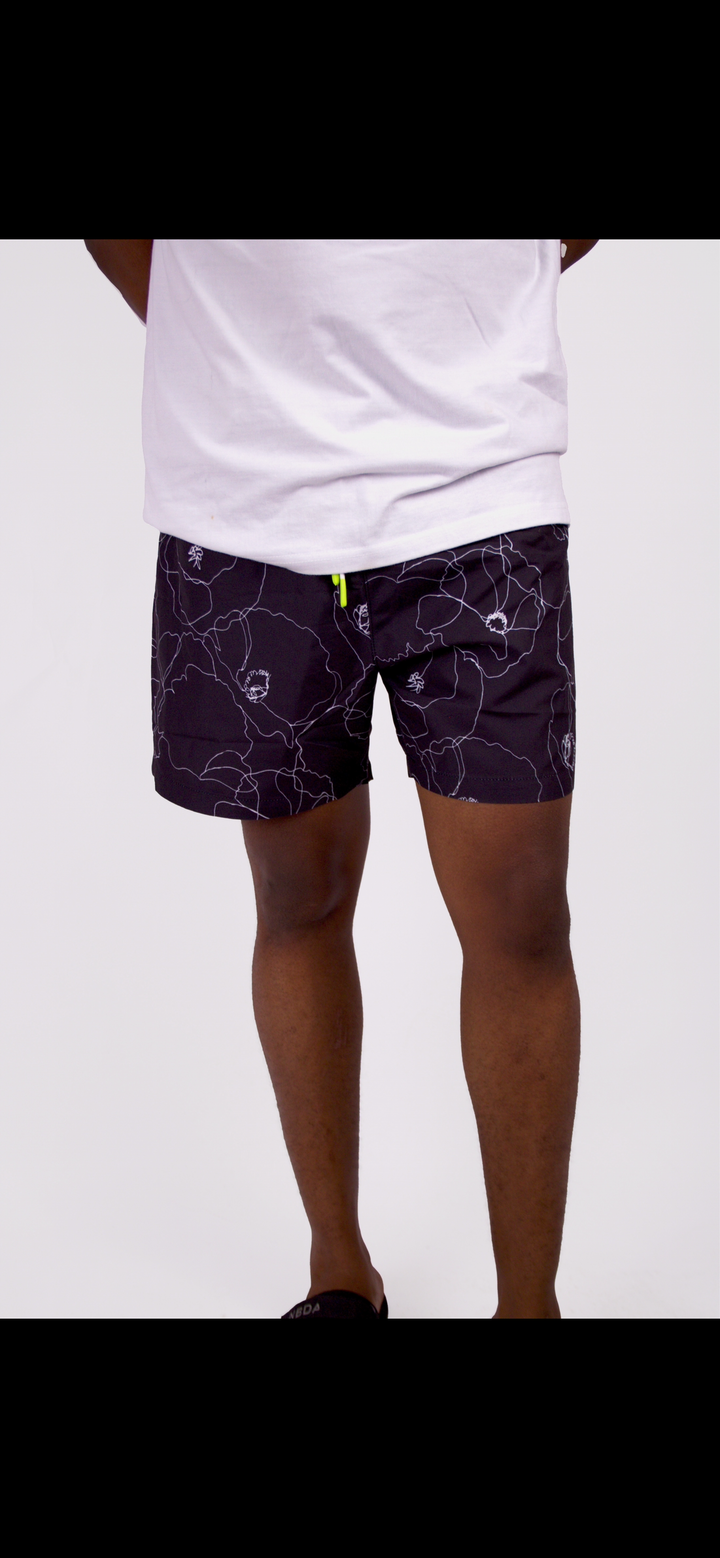 Black hand drawn floral swim shorts