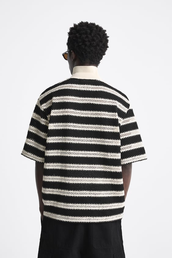 ZARA STRIPED CROCHET POLO SHIRT BLACK/WHITE