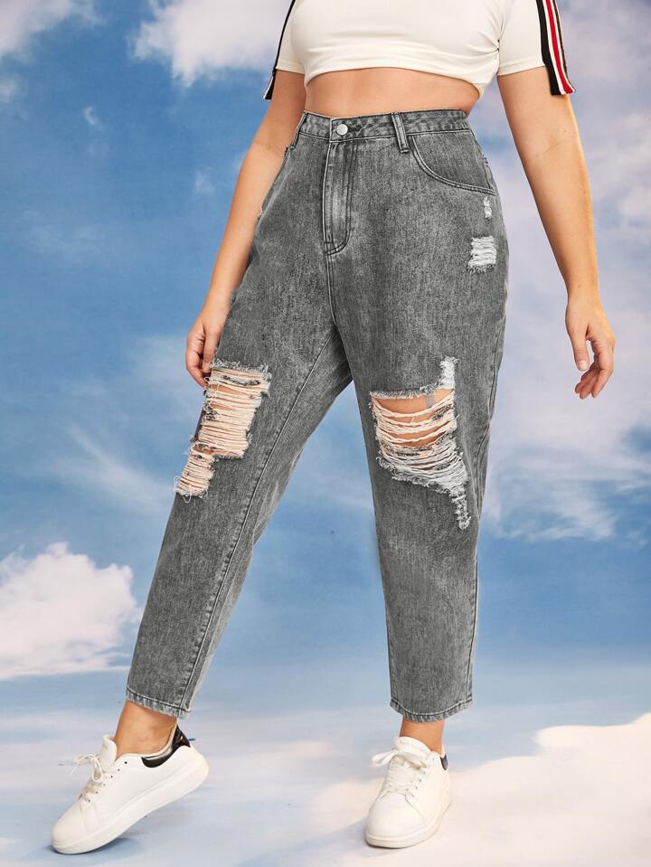 High Waist Ripped Mom Cropped Jeans