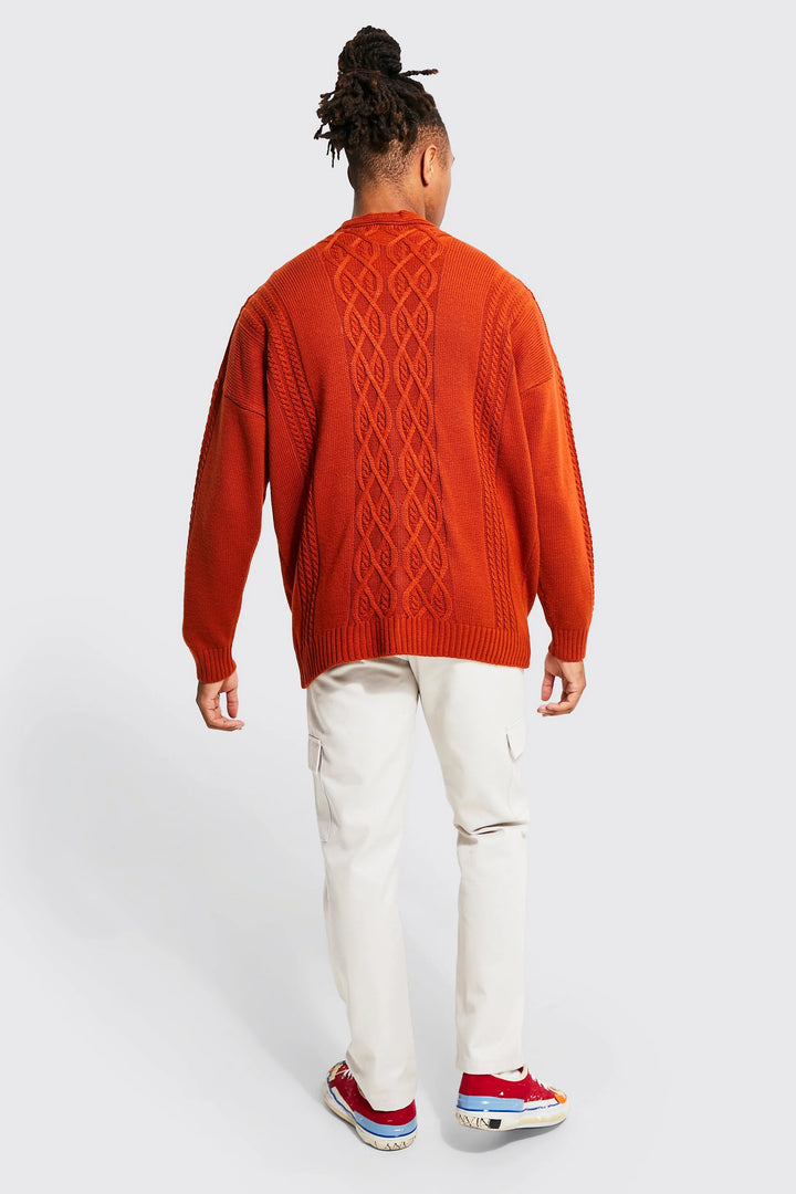 BOOHOOMAN OVERSIZED CABLE CARDIGAN IN RUST