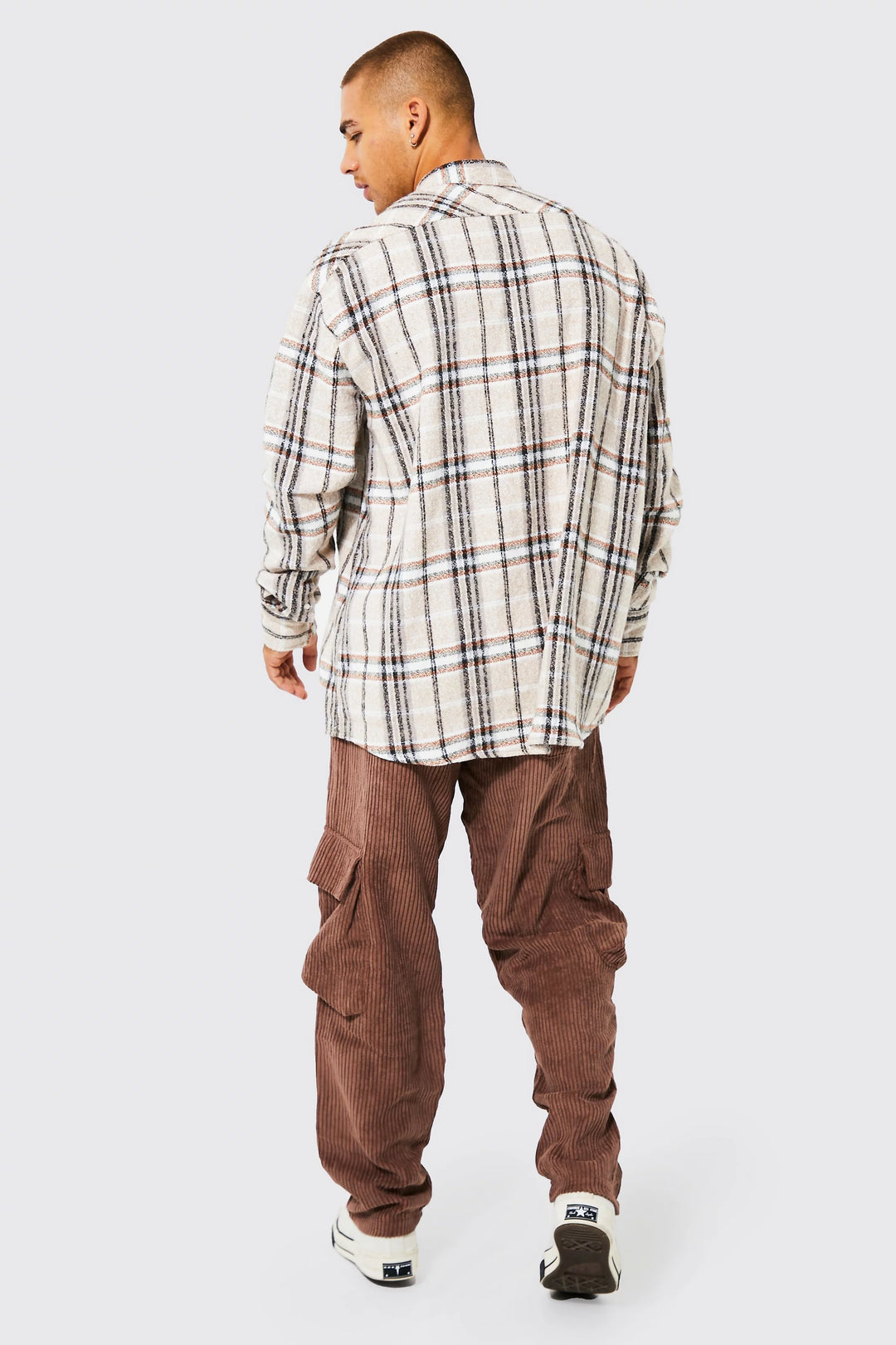 BOOHOOMAN OVERSIZED FLANNEL GRANDAD COLLAR BRUSHED CHECK SHIRT BEIGE