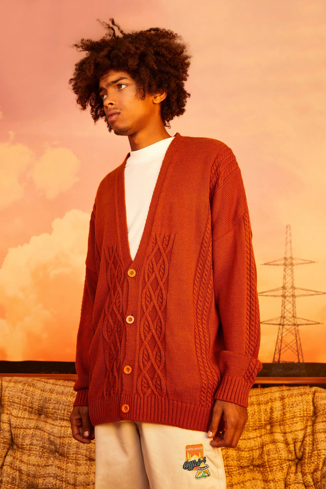 BOOHOOMAN OVERSIZED CABLE CARDIGAN IN RUST