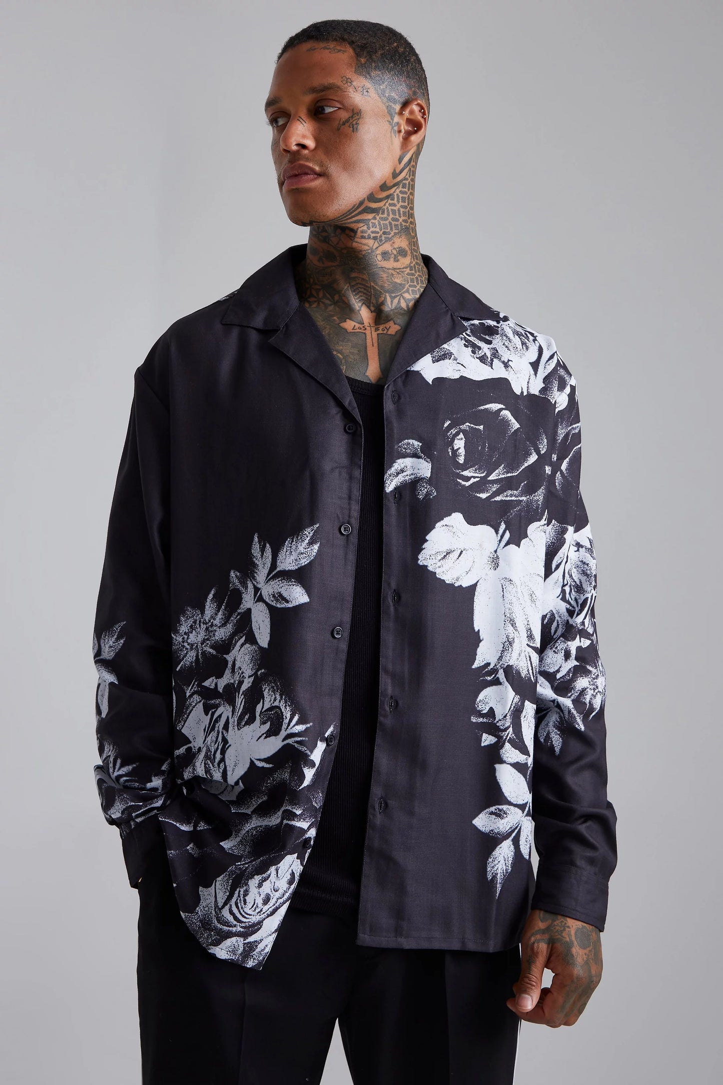 BOOHOOMAN LONG SLEEVE OVERSIZED FLORAL PRINT SHIRT IN BLACK