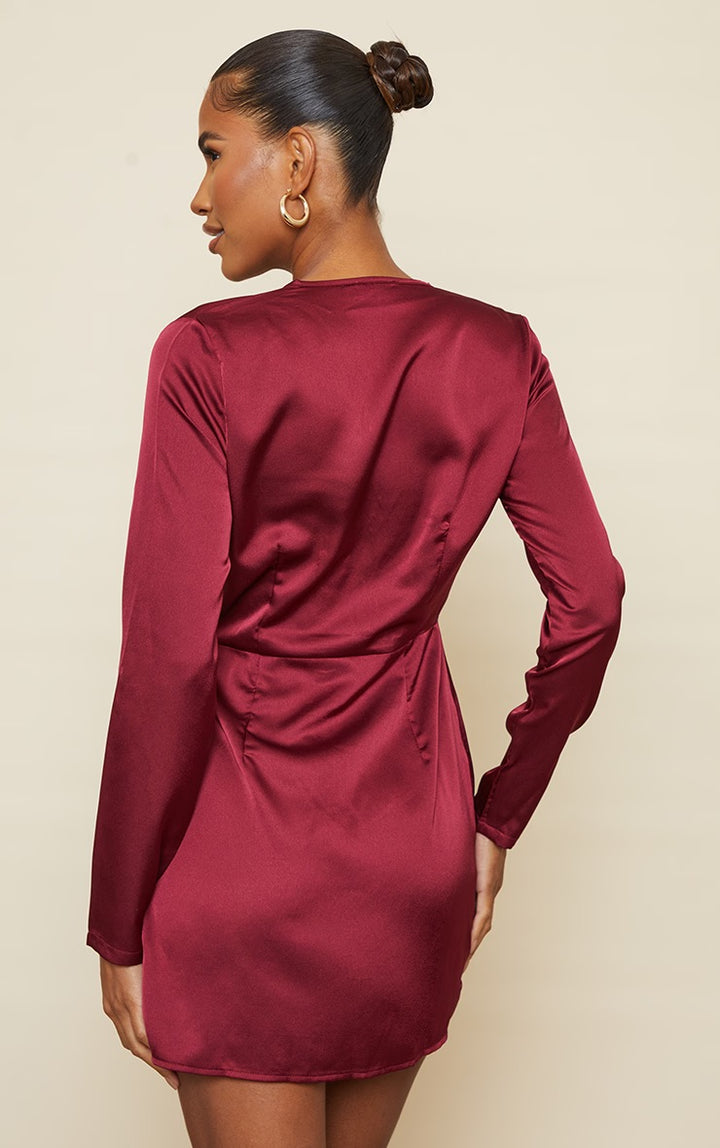 PLT Burgundy Satin Long Sleeve Wrap Dress