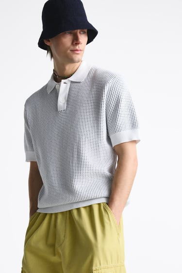 ZARA TEXTURED KNIT POLO SHIRT ECRU