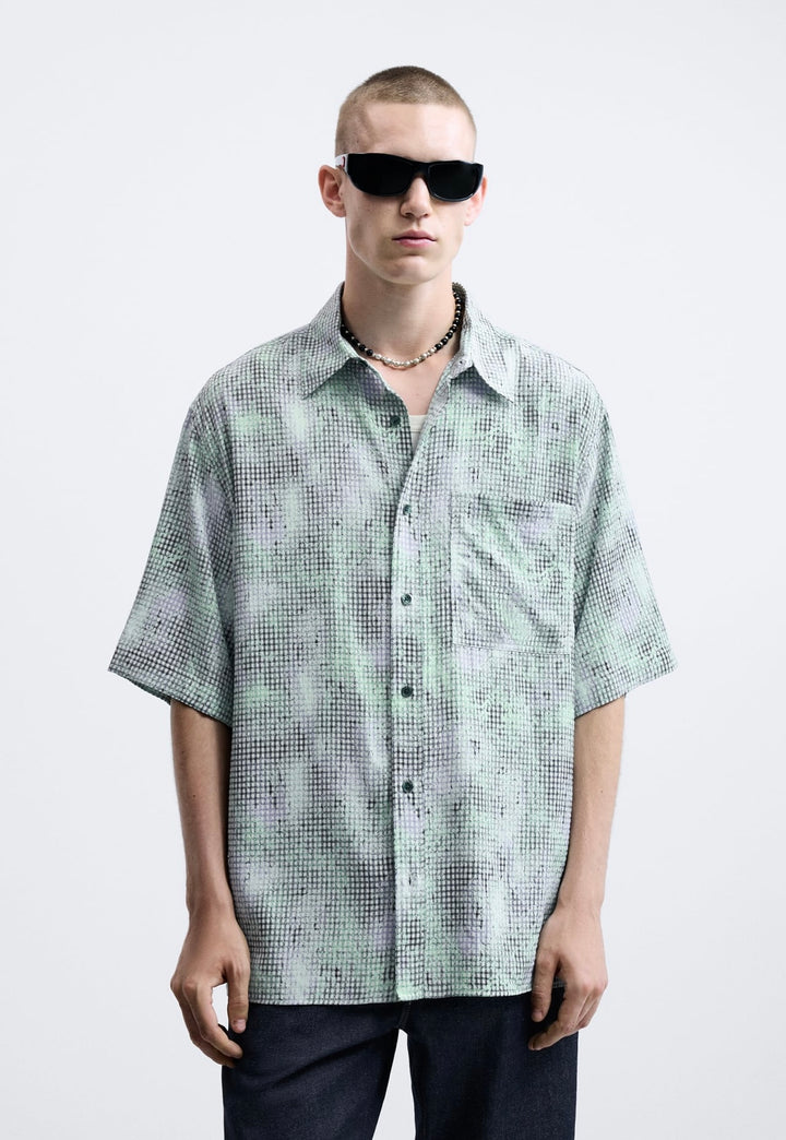 ZARA PIXELATED PRINTED SHIRT LIGHT GREEN