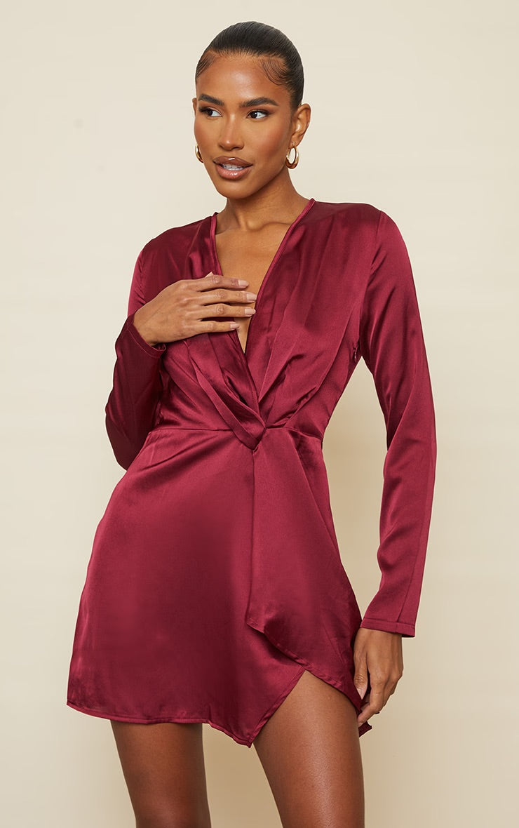 PLT Burgundy Satin Long Sleeve Wrap Dress