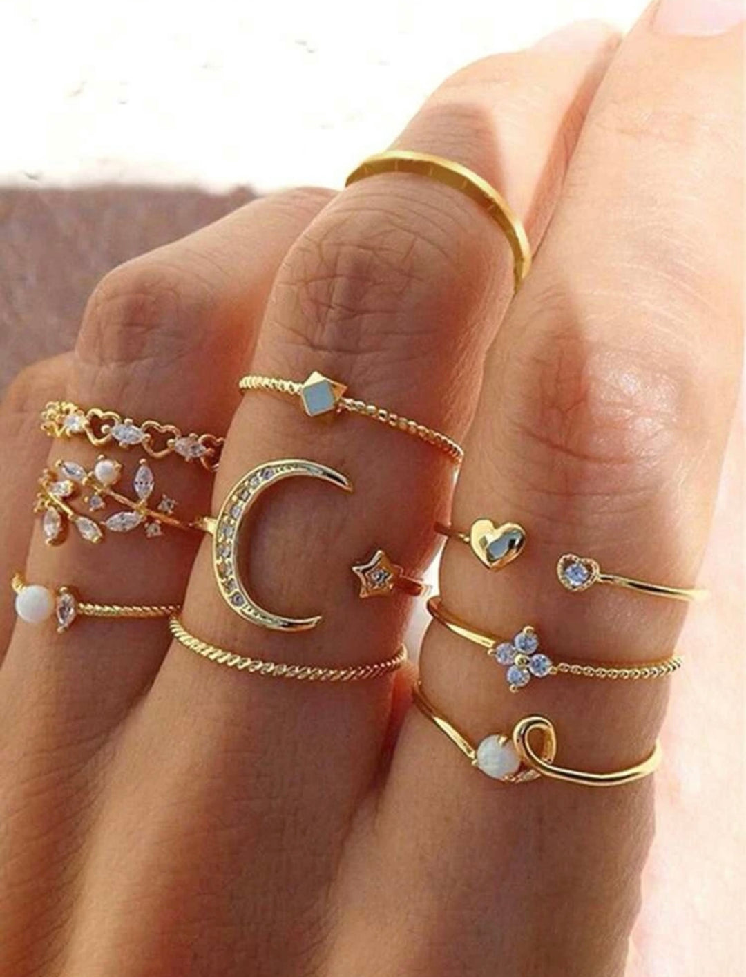 10pcs set rhinestone decor ring gold