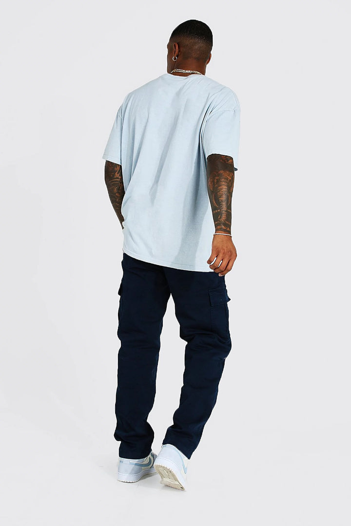 BOOHOOMAN STRAIGHT LEG GARMENT DYED TWILL CARGO TROUSER IN NAVY BLUE