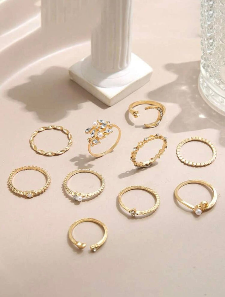 10pcs set rhinestone decor ring gold