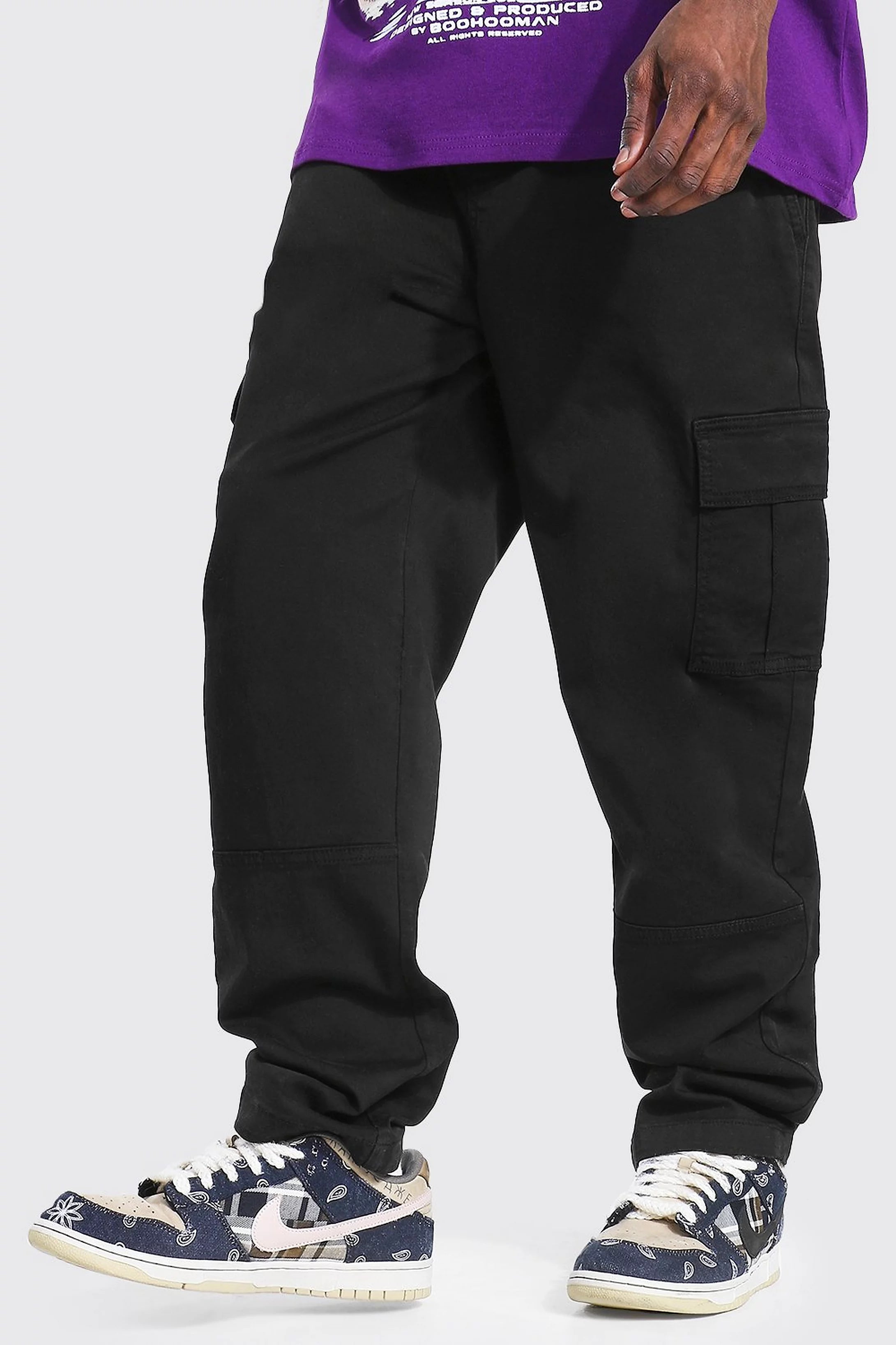 BOOHOOMAN STRAIGHT LEG GARMENT DYED TWILL CARGO TROUSER IN BLACK ...