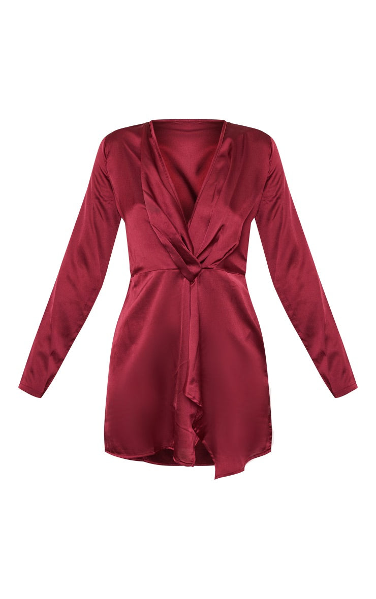 PLT Burgundy Satin Long Sleeve Wrap Dress