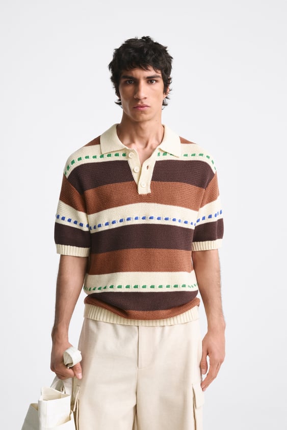 ZARA STRIPED KNIT POLO SHIRT ECRU