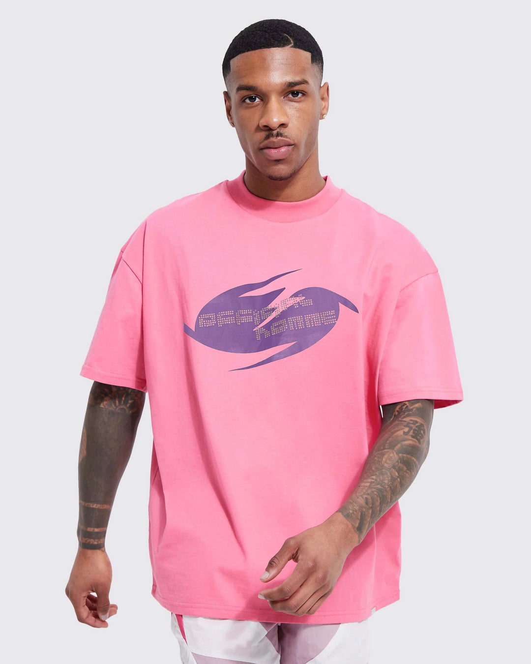 Boohooman Oversized Rhinestone Graphic T-shirt in pink